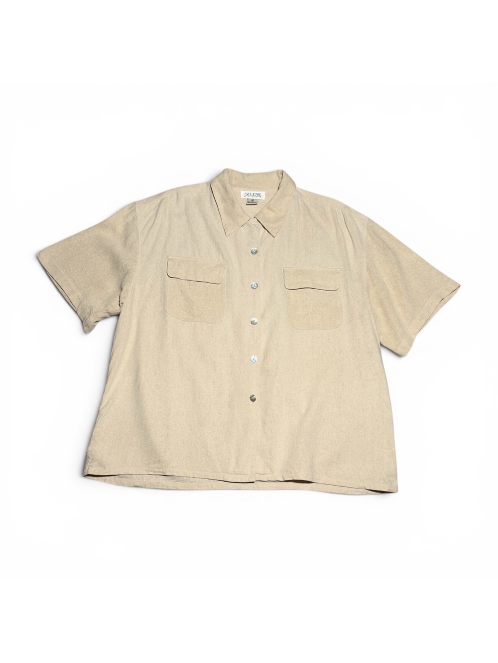 Vintage Selene Sport Beige 100% Silk Short Sleeve Button-Up Shirt XL